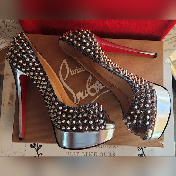 CHRISTIAN LOUBOUTIN Metallic Lame Lady Peep Spike Platform Pumps Size 37 - Picture 7 of 16